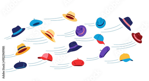 Colorful hats flying in the wind, abstract design