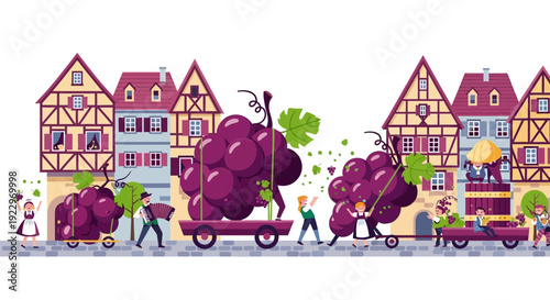 Grape harvest festival in picturesque European town, illustration