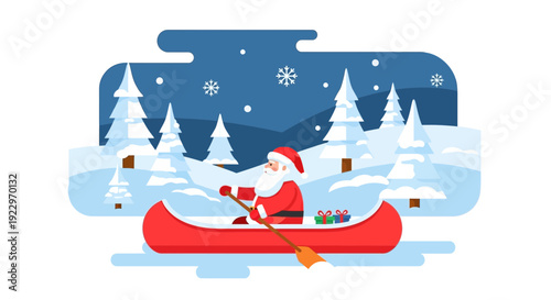 Santa Claus canoeing in winter wonderland with gifts