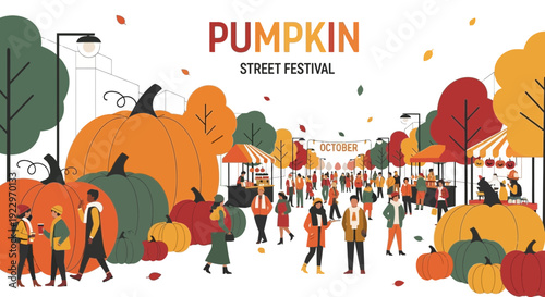 Autumn Pumpkin Street Festival with People and Stalls