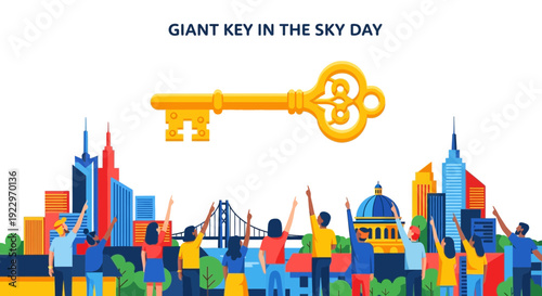 Giant Golden Key in Sky Above Diverse Crowd and Cityscape