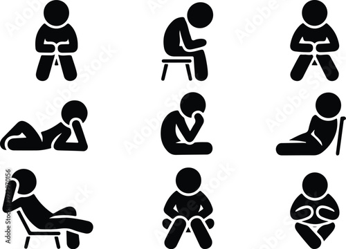 Sitting Postures Stick Figure Silhouette Icon Set Body Language Sitting Pose Silhouette Vector Pack
