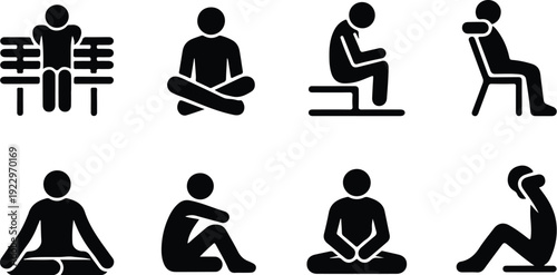 Sitting Postures Stick Figure Silhouette Icon Set Body Language Sitting Pose Silhouette Vector Pack