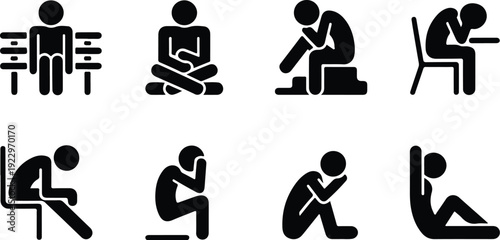 Sitting Postures Stick Figure Silhouette Icon Set Body Language Sitting Pose Silhouette Vector Pack
