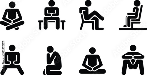 Sitting Postures Stick Figure Silhouette Icon Set Body Language Sitting Pose Silhouette Vector Pack