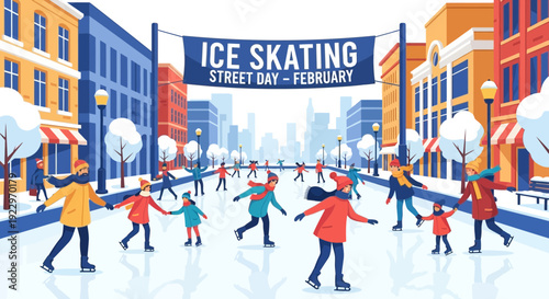 Ice Skating Street Day - People Skating in Winter Cityscape