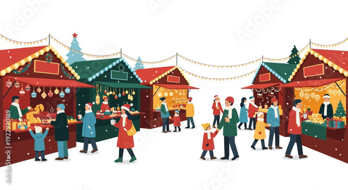 Christmas Market Scene with People Shopping and Festive Stalls