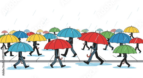 Crowd of People Walking with Colorful Umbrellas in the Rain