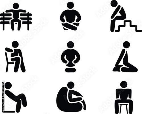 Sitting Postures Stick Figure Silhouette Icon Set Body Language Sitting Pose Silhouette Vector Pack
