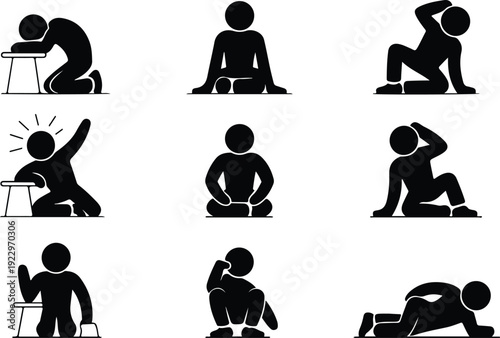 Sitting Postures Stick Figure Silhouette Icon Set Body Language Sitting Pose Silhouette Vector Pack