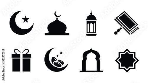 Collection of elegant black islamic cultural and religious icons and symbols featuring crescent moon with star mosque dome traditional lantern prayer mat gift box dates arched gateway
