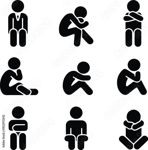 Sitting Postures Stick Figure Silhouette Icon Set Body Language Sitting Pose Silhouette Vector Pack