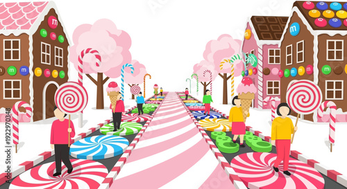 Whimsical Candy Land Street with Gingerbread Houses and People