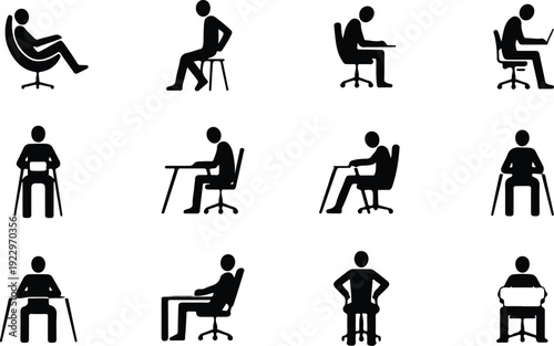 Sitting Postures Stick Figure Silhouette Icon Set Body Language Sitting Pose Silhouette Vector Pack