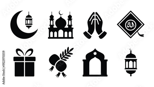 Collection of islamic eid festival silhouette icons including crescent moon with lantern mosque praying hands arabic calligraphy in a frame gift box date fruits on a branch arched doorway