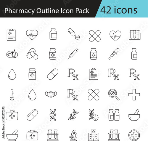 42 Medical Line Icons Set – Pharmacy and Medication Outline Vector Collection