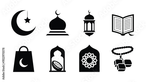 Collection of islamic eid ul fitr silhouette icons including crescent moon with star mosque dome lantern holy book shopping bag arched doorway with fruit geometric pattern and prayer beads