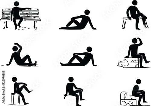 Sitting Postures Stick Figure Silhouette Icon Set Body Language Sitting Pose Silhouette Vector Pack