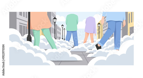 Surreal scene, headless people walking through clouds on city street