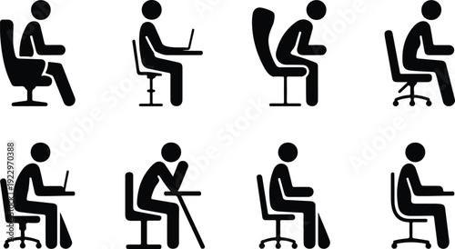Sitting Postures Stick Figure Silhouette Icon Set Body Language Sitting Pose Silhouette Vector Pack