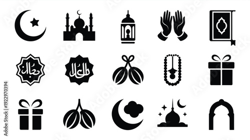 Collection of islamic cultural symbols and icons representing religious holidays and traditions including crescent moon mosque lantern praying hands quran dates gift boxes and archway