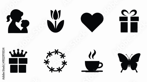 Elegant silhouette icons celebrating motherhood and love mother holding baby tulip flower heart symbol gift box with ribbon crowned gift floral wreath steaming coffee cup and butterfly