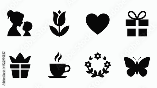 Collection of minimalist black silhouette icons celebrating mother's day and love featuring a mother embracing her child tulip flower heart symbol gift box potted plant steaming coffee cup