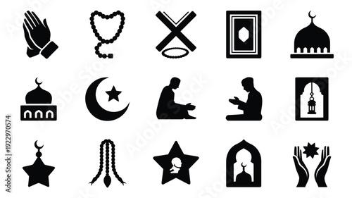 Collection of islamic religious symbols and icons in silhouette including prayer beads mosque domes crescent moon praying figures quran and hands representing faith spirituality