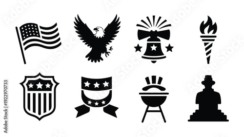 Collection of american patriotic silhouette icons including a waving flag eagle liberty bell torch shield emblem with ribbon barbecue grill with hat and a statue symbolizing national pride