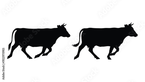 Two black silhouettes of cows walking depicted in a simple graphic style