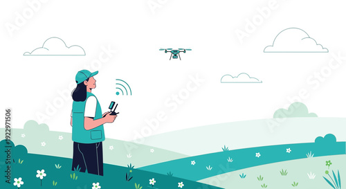 Woman Flying Drone in Nature Landscape with Hills and Clouds