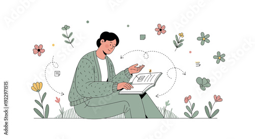 Woman Freelancer Working Outdoors Surrounded by Nature and Flowers
