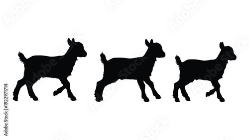 Silhouettes of three goats standing in a row against a white background