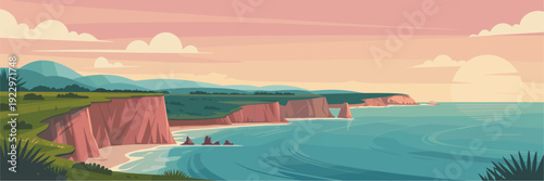 Panoramic vector illustration of coastal mountains meeting the sea, featuring layered cliffs, stylized clouds, and a cool maritime palette in a modern retro poster aesthetic.