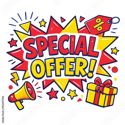 A vibrant cartoon illustration announces a special offer with a tag gift and megaphone high-quality