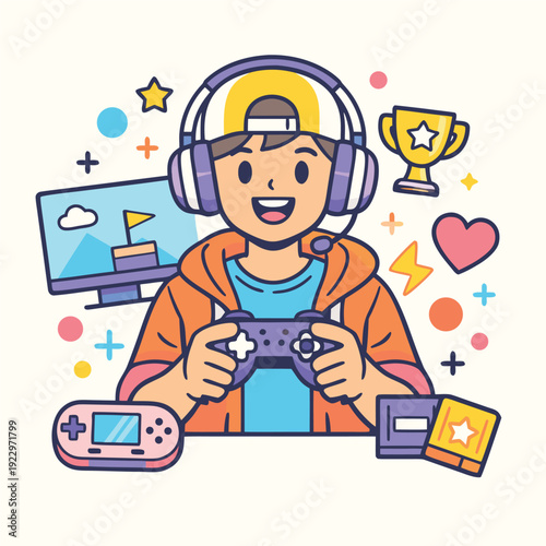 A cheerful young gamer enthusiastically plays video games surrounded by gaming accessories and achievements high-quality