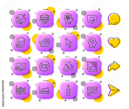 Cursor, Uv protection and Trade chart line icons. App 3d buttons. Social media comment, share, like icons. Pack of Diagram chart, Wine, Delete purchase icon. Vector
