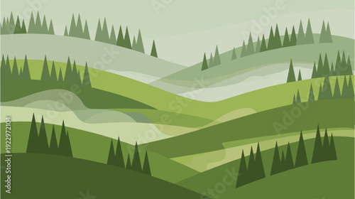 Green mountain landscape with pine tree forests and rolling hills under soft sky