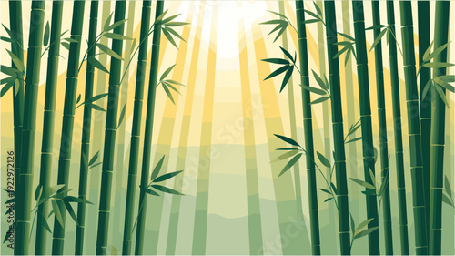 Sun rays shining through green bamboo forest, vibrant natural outdoor scene