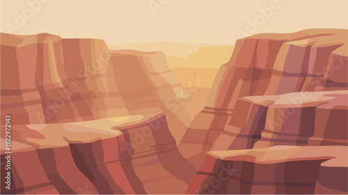 Vast canyon landscape with layered rock formations and warm sunlight
