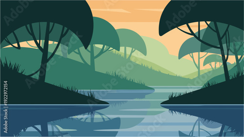 Mountain river valley at sunset with green hills and lush tree canopy