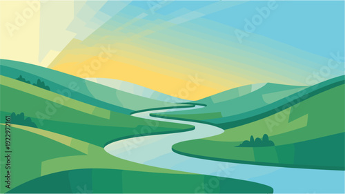 Winding river flowing through green hills under bright sunny blue sky
