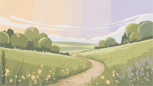 Winding dirt path through rolling green hills and wildflowers at sunrise