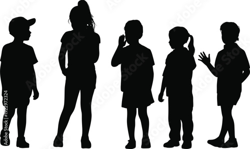 Black silhouette children standing in row, diverse posture illustration, minimalistic kids artwork, creative child figures, educational design, playful youth concept