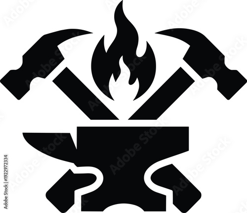 Blacksmithing anvil icon, crossed hammers symbol, forging flame graphic, metalworking illustration, craftsmanship design element, traditional labor vector, industrial silhouette artwork