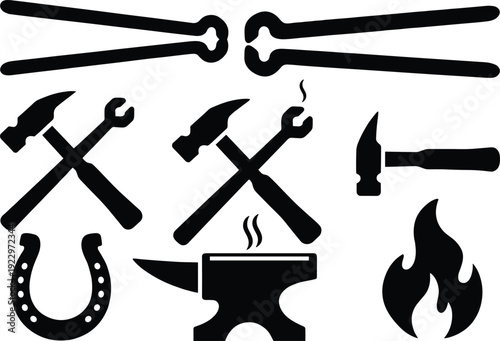 Blacksmithing tools silhouette, anvil and hammer icon, horseshoe symbol graphic, flame illustration design, traditional metalworking vector, craftsmanship labor artwork