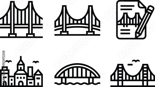 Bridge and cityscape icons, suspension bridge silhouette, arched bridge graphic, urban skyline design, architectural vector artwork, planning documentation symbol