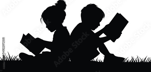Children reading books silhouette illustration, educational artwork, childhood learning design, peaceful study moment, literary culture symbol, academic knowledge graphic