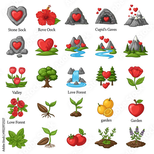 Collection of various cartoon plants and fruits on with volcanoes and hearts