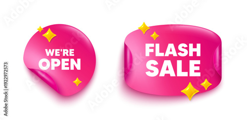 Open sticker tag. Flash offer paper price banner. We are open tag. Promotion new business sign. Welcome advertising symbol. Discount sticker with 3d glitter. Vector